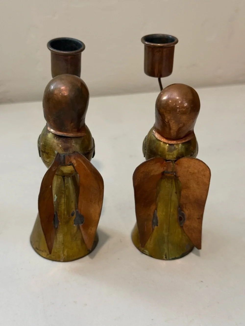 Vintage Mexican Brass & Copper Angel Candle Holders‎  Set Mini Taper Pair Rustic